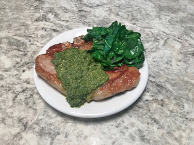 carrot-parlsey-chimmichuri-with-pork-chop-and-sauted-kale