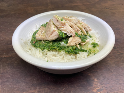 ramp-and-spinach-pesto-with-chicken-and-rice